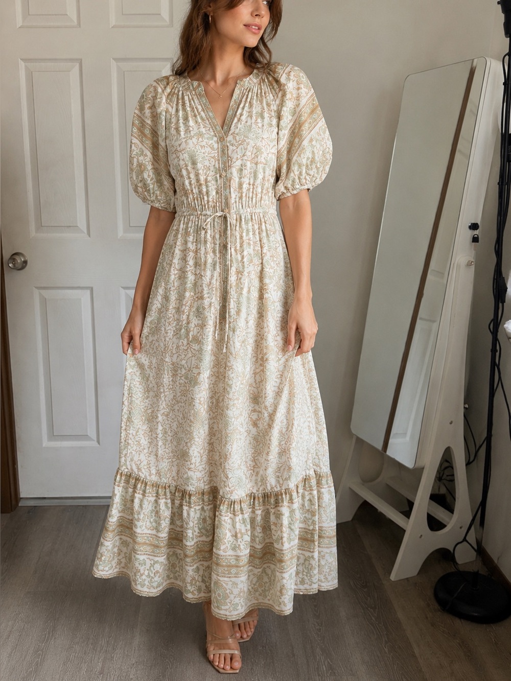 by the river boho floral midi maxi dress cream sage puff sleeve size s